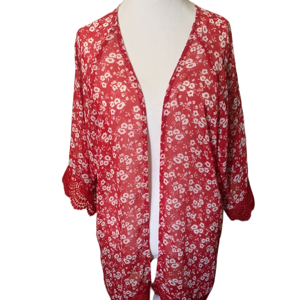 Maurice’s Red Floral Kimono with lace trim